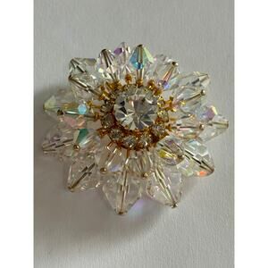 Austria Crystal Beaded Brooch Aurora Borealis 1960s Vintage Jewelry Gold Tone